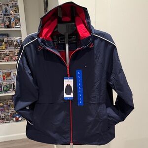 Tommy Hilfiger Navy Women hooded lightweight windbreaker Jacket with Red Accents